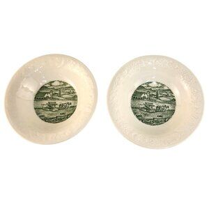 Homer Laughlin Pastoral Horse Farm Harvest Scene Pattern Dessert Bowls Pair Gree